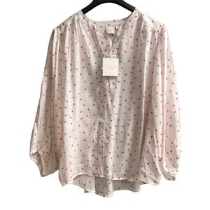 Zac &‎ Rachel Top Womens 2X White Pink Hearts Button Down Blouse Balloon Sleeve